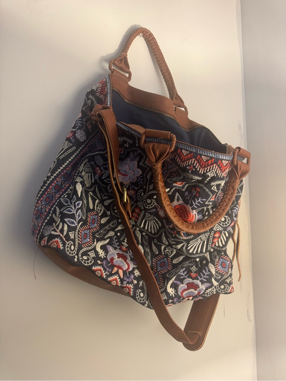 Johnny Was Navy Denim Embroidered Floral Weekender Bag with Brown Trim - Picture 3 of 13